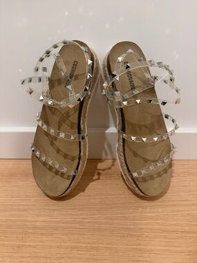 Clear Studded Espadrille Sandals - Cushioned Ankle Tie